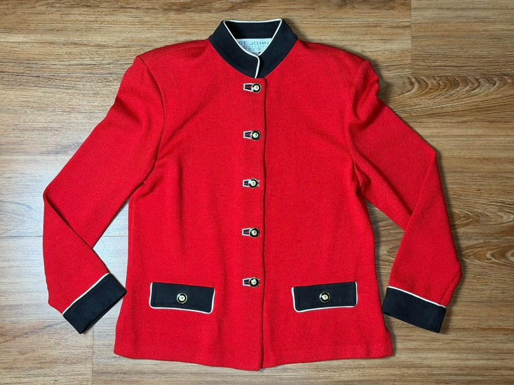 VTG St. John Red Santana Stretch Wool-Knit Military Blazer Made in USA - Size 6